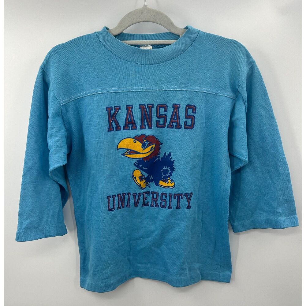VTG 70s 80s Artex Blue University of Kansas Jayhawks 3/4 Sleeve Shirt Size S USA